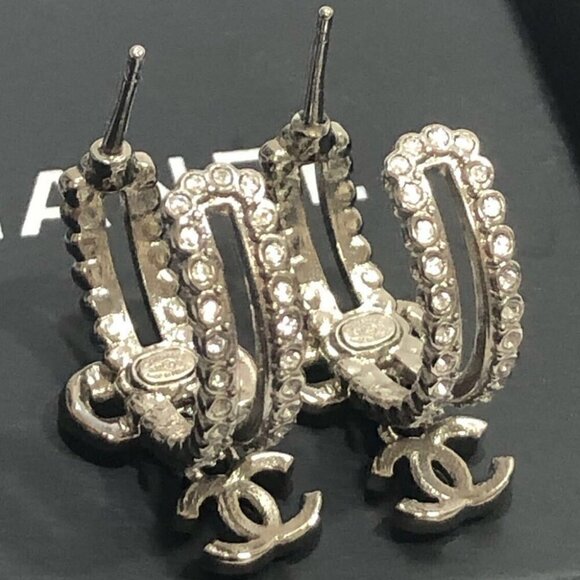 CHANEL CC Logos Rhinestone Ribbon Hoop Stud Earrings Silver Tone A22B Auth - Picture 4 of 8